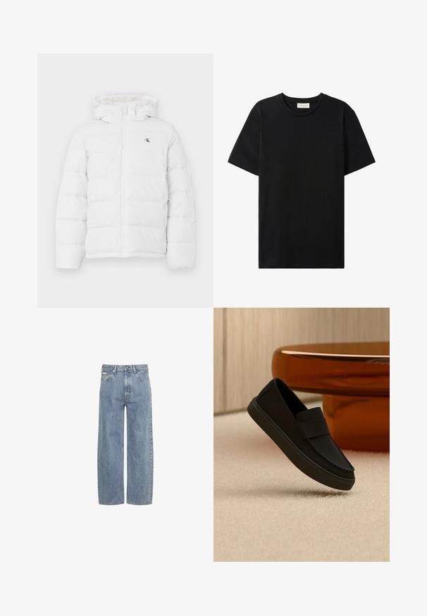 Veste blanche rembourrée avec capuche, fermeture éclair sur le devant, poches latérales et petit logo "cK" noir sur la poitrine.; T-shirt noir à manches courtes et col rond avec un logo subtil Calvin Klein Jeans sur la poitrine et une étiquette à l'intérieur de l'encolure.; Jean bleu clair droit avec fermeture éclair et bouton à l'avant, passants de ceinture et design cinq poches.; Mocassin noir à enfiler flottant au-dessus d'un tapis beige avec un meuble rond en bois brun brillant en arrière-plan.