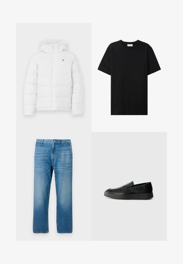 Weisse gepolsterte Jacke mit Kapuze, Frontreißverschluss, seitlichen Taschen und kleinem schwarzen "cK"-Logo auf der Brust.; Schwarzes T-Shirt mit kurzen Ärmeln und Rundhalsausschnitt, mit dezentem Calvin Klein Jeans-Logo auf der Brust und einem Etikett im Halsausschnitt.; Hellblaue Denim-Jeans mit geradem Schnitt, fünf Taschen, Knopfverschluss und dezentem Ausbleichen auf der Vorderseite. Keine sichtbaren Muster.; Calvin Klein HYBRID CUP - Slipper - triple black