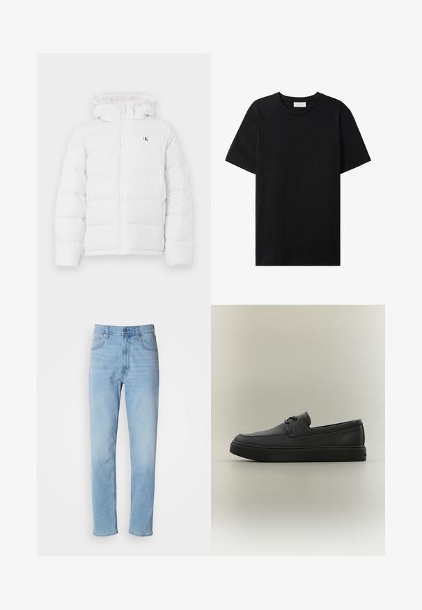 Weisse gepolsterte Jacke mit Kapuze, Frontreißverschluss, seitlichen Taschen und kleinem schwarzen "cK"-Logo auf der Brust.; Schwarzes T-Shirt mit kurzen Ärmeln und Rundhalsausschnitt, mit dezentem Calvin Klein Jeans-Logo auf der Brust und einem Etikett im Halsausschnitt.; Hellblaue Jeans mit geradem Schnitt, fünf Taschen und Gürtelschlaufen. Der Stoff hat eine glatte Textur mit einem leichten Verblassungseffekt.; Schwarzer lässiger Lederloafer mit Schnürdetails und dicker Gummisohle, seitlich auf neutralem Hintergrund dargestellt.