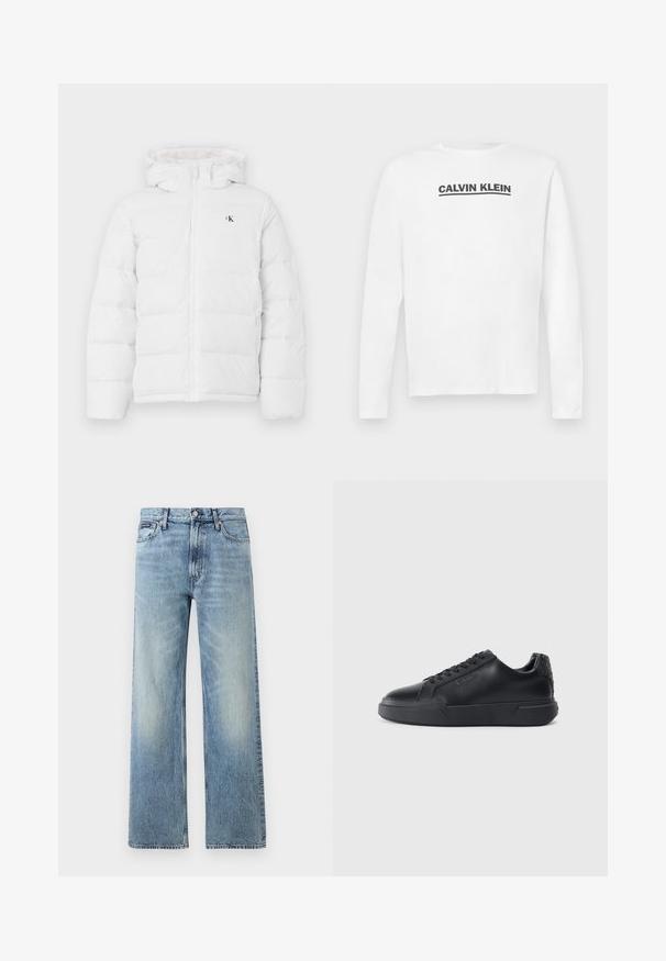 Witte gewatteerde jas met capuchon, frontzipper, zijzakken en klein zwart "cK" logo op de borst.; Witte lange mouwen shirt van katoen, met een zwart "CALVIN KLEIN" logo over de borst en een crewneck. Soepele textuur.; Lichtblauwe denim jeans met rechte pijpen, een hoge taille, vijf zakken, knoopsluiting en subtiele vervaging op de dijen en knieën.; Zwarte sneakers met een glad leren bovenwerk, ronde neus, vetersluiting, textuurdetail op de hiel en een dikke rubberen zool.