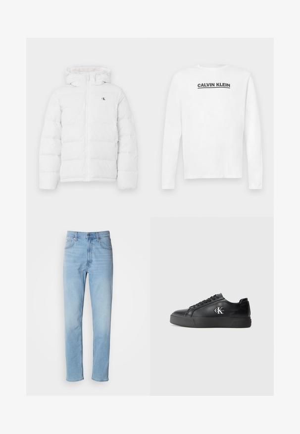 Hvid polstret jakke med hætte, frontlynlås, sidelommer og lille sort "cK" logo på brystet.; Hvid langærmet skjorte lavet af bomuld, med et sort "CALVIN KLEIN" logo på tværs af brystet og rund halsudskæring. Glat tekstur.; Lys blå denim jeans med lige pasform, fem lommer og bæltestropper. Stoffet har en glat overflade med en let falmningseffekt.; Sort læder sneaker med rund tå, flad sort sål og tonalt snørebånd. Har et sølvlogo på siden og en glat tekstur hele vejen igennem.