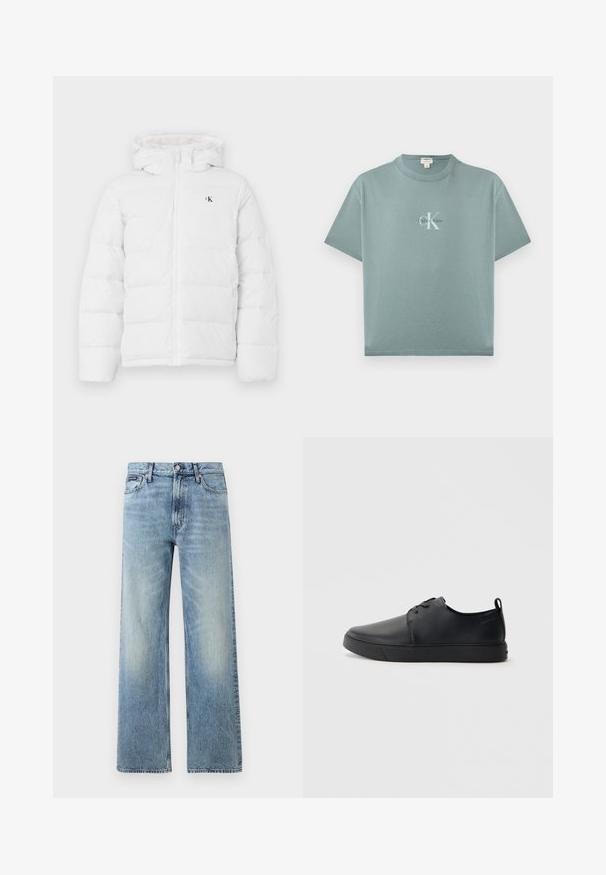 Hvid polstret jakke med hætte, frontlynlås, sidelommer og lille sort "cK" logo på brystet.; Lyseblågrøn kortærmet T-shirt med rund hals og centreret Calvin Klein-logo i hvid og sort tekst på forsiden.; Lyseblå denim jeans med lige ben, højt talje, fem lommer, knaplukning og diskrete falmede områder på lår og knæ.; Sorte lædersneakers med en glat finish, rund tå, tonalt syning, snøring foran og en flad gummisål. Løkke ved hælen.
