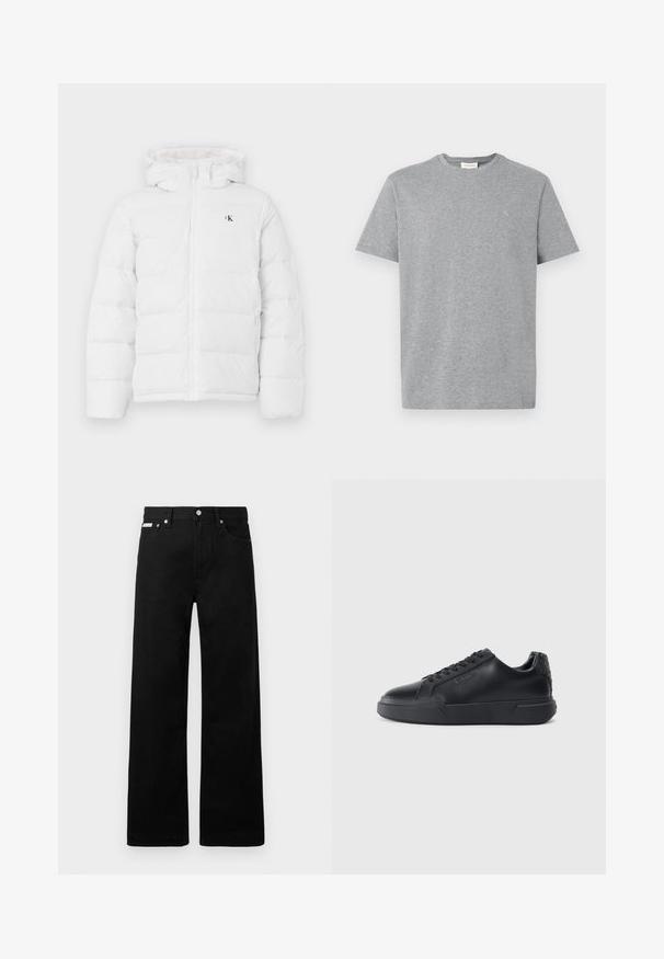 Weisse gepolsterte Jacke mit Kapuze, Frontreißverschluss, seitlichen Taschen und kleinem schwarzen "cK"-Logo auf der Brust.; Graues Baumwoll-T-Shirt mit Rundhalsausschnitt, kurzen Ärmeln und kleinem Logo auf der linken Brust. Einfaches, klassisches Design und Textur.; Schwarze Denim-Hose im weiten Bein-Design mit fünf Taschen und metallenen Knopfdetails. Glatte Textur, ohne sichtbare Muster.; Schwarze Sneakers mit einem glatten Lederoberteil, abgerundeter Zehenpartie, Schnürverschluss, strukturiertem Fersendetail und einer dicken Gummisohle.
