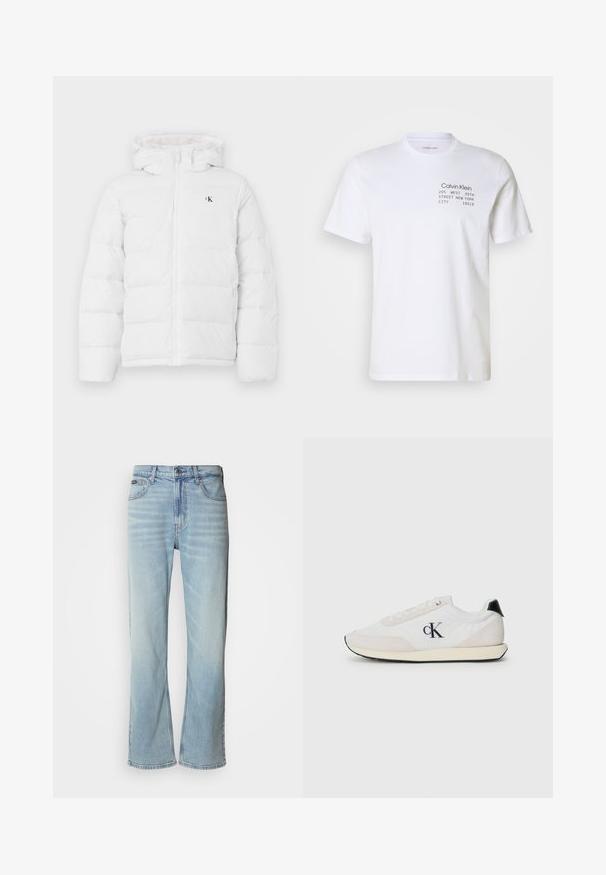Weisse gepolsterte Jacke mit Kapuze, Frontreißverschluss, seitlichen Taschen und kleinem schwarzen "cK"-Logo auf der Brust.; Weißes Baumwoll-T-Shirt mit kurzen Ärmeln, Rundhalsausschnitt und aufgedrucktem Text: "Calvin Klein 205 WEST 39TH STREET NEW YORK CITY 10018."; Hellblaue Jeans aus Denim mit geradem Bein, ausgestattet mit fünf Taschen, einem Knopfverschluss und subtilen Verwaschungen im Stoff.; Weißer Sneaker aus Wildleder und Stoffmaterialien. Verfügt über einen schwarzen Fersenauschnitt, Schnürdesign und ein kleines schwarzes Logo an der Seite.