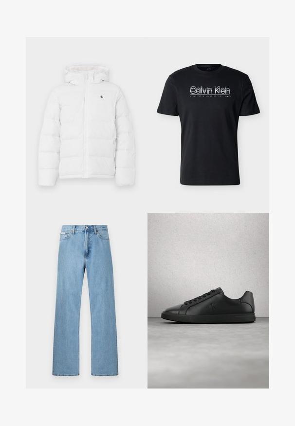 Weisse gepolsterte Jacke mit Kapuze, Frontreißverschluss, seitlichen Taschen und kleinem schwarzen "cK"-Logo auf der Brust.; Schwarzes T-Shirt mit kurzen Ärmeln, vorne in der Mitte mit weißem "Calvin Klein"-Schriftzug und darunter dem Slogan "Established Nineteen Sixty Eight".; Hellblaue gerade geschnittene Jeans im Five-Pocket-Design mit Knopfverschluss an der Taille, präsentiert vor einem schlichten Hintergrund.; Schwarzer Ledersneaker mit Schnürsenkeln und geprägt eingestelltem "ck"-Logo, der über einem grauen Boden nahe einer Glasblockwand schwebt.
