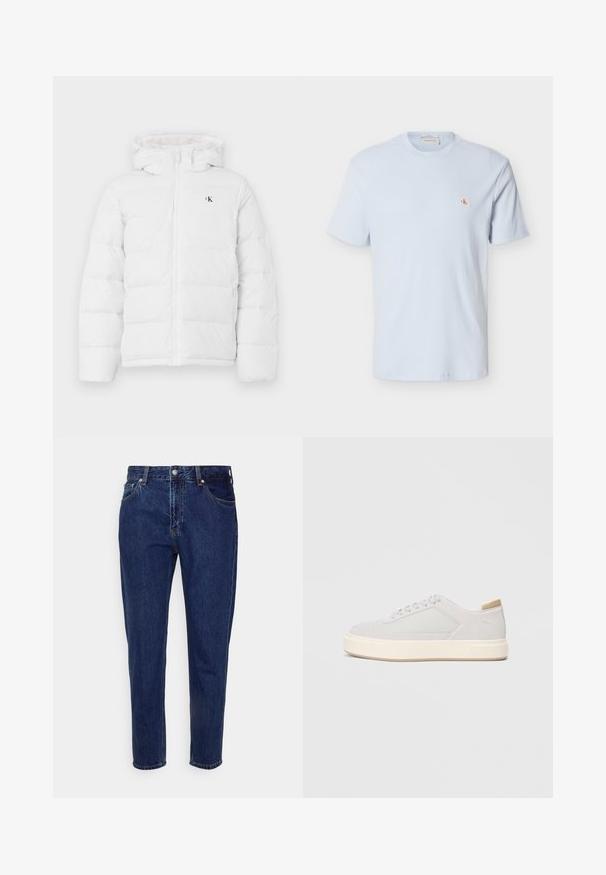 Witte gewatteerde jas met capuchon, frontzipper, zijzakken en klein zwart "cK" logo op de borst.; Lichtblauw T-shirt met korte mouwen van wafelstructuur, ronde hals en een klein rood "CK" logo-patch op de linkerborst.; Donkerblauwe straight-leg spijkerbroek met knoop- en ritssluiting aan de voorkant, riemlussen, en voor- en achterzakken.; Lichtgrijze sneakers met een glad synthetisch bovenwerk, ronde neus en een gestructureerde crème tussenzool. Lichte tan accenten op de hak.