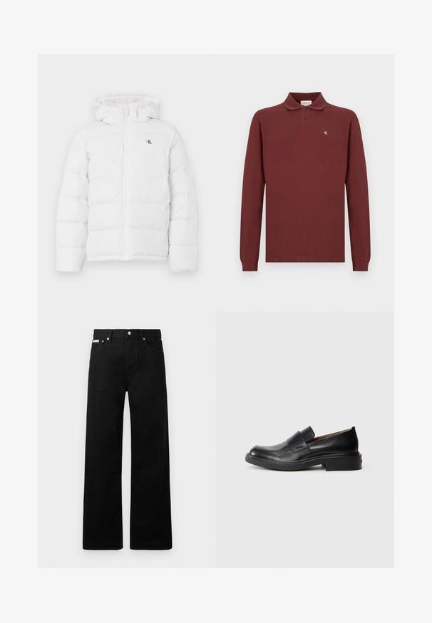 Weisse gepolsterte Jacke mit Kapuze, Frontreißverschluss, seitlichen Taschen und kleinem schwarzen "cK"-Logo auf der Brust.; Bordeauxrot langärmliges Poloshirt aus Baumwolle, mit klassischem Kragen, Drei-Knopf-Leiste und kleinem gesticktem Logo auf der Brust.; Schwarze Denim-Hose im weiten Bein-Design mit fünf Taschen und metallenen Knopfdetails. Glatte Textur, ohne sichtbare Muster.; Schwarze Leder-Pantoletten mit niedrigem Absatz und dezentem Calvin Klein-Logo an der Seite, im Profil vor einem weißen Hintergrund dargestellt.