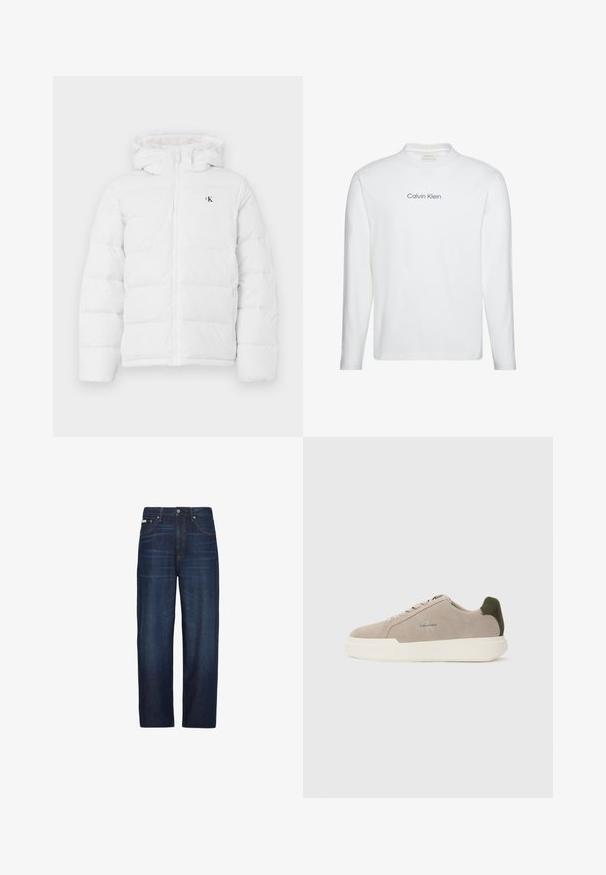 Hvid polstret jakke med hætte, frontlynlås, sidelommer og lille sort "cK" logo på brystet.; Hvid langærmet rundhalset skjorte med "Calvin Klein" trykt i sort centreret på brystet.; Mørkeblå jeans med lige ben, forlommer, bæltestropper, knappelukning og subtil falmning på lårene.; Beige ruskinds sneakers med en hvid gummisål, der har en mørkegrøn hælaccent og subtil branding på siden.