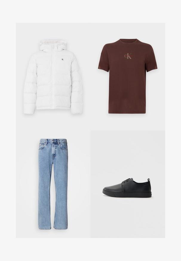 Witte gewatteerde jas met capuchon, frontzipper, zijzakken en klein zwart "cK" logo op de borst.; Bruin katoenen T-shirt met korte mouwen, voorzien van een logo op de borst in grijs en rood, ronde halslijn en een losse pasvorm.; Lichtblauwe denim jeans met een recht ontwerp, vijf zakken en een knoopsluiting. Stikdetails nabij de zakken en de tailleband.; Zwarte leren sneaker met een gladde afwerking, ronde neus, tonale stiknaden, vetersluiting aan de voorkant en een vlakke rubberen zool. Lussje aan de hak.
