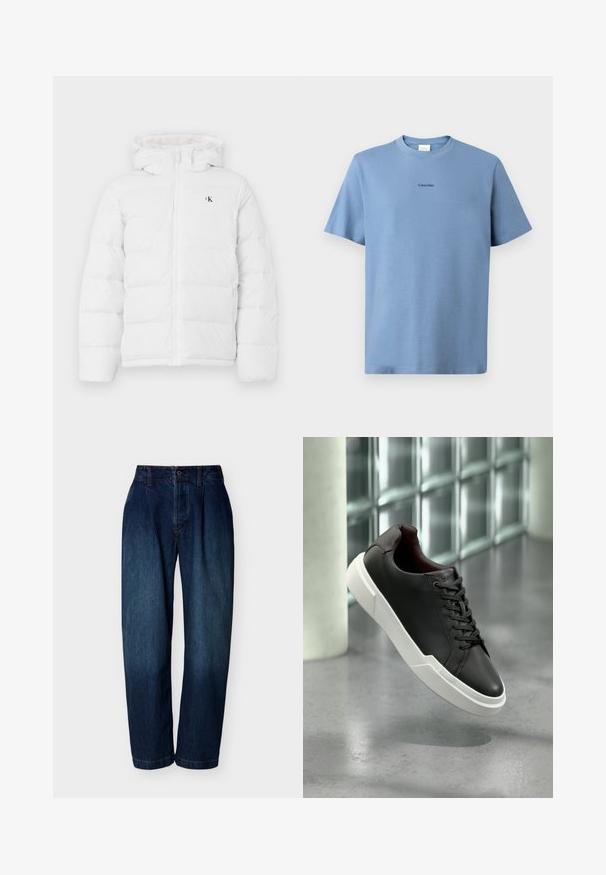 Weisse gepolsterte Jacke mit Kapuze, Frontreißverschluss, seitlichen Taschen und kleinem schwarzen "cK"-Logo auf der Brust.; Helles, blaues Baumwoll-T-Shirt mit kurzen Ärmeln, Rundhalsausschnitt und dezentem "Calvin Klein"-Logo in Schwarz auf der Brust. Glatte Textur.; Dunkelblaue Jeans mit hoher Taille und geradem Bein, mit Knopf- und Reißverschluss, Gürtelschlaufen und dezenten Steppnähten auf weißem Hintergrund.; Schwarzer Ledersneaker mit weißer, dicker Sohle und schwarzen Schnürsenkeln, schwebt über einem grauen Betonboden in der Nähe einer Glasbausteinwand.