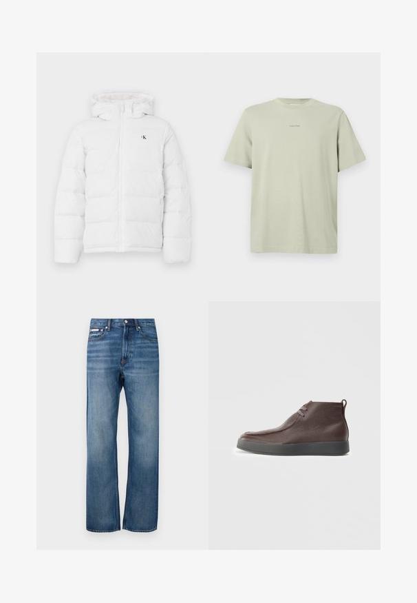 Hvid polstret jakke med hætte, frontlynlås, sidelommer og lille sort "cK" logo på brystet.; Lys grøn bomulds t-shirt med rund hals, korte ærmer og et lille Calvin Klein-logo i en mørkere nuance trykt på brystet.; Blå lige ben denim jeans med let bleget effekt, frontlukning med knap og et lille logo mærke på den højre forlommer.; Brune læder ankelstøvler med en tekstureret overflade, blød afrundet tå og grå gummisål, med to øjer til snørebånd.