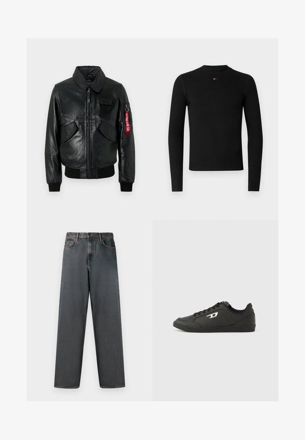 Blouson aviateur en cuir noir avec fermeture éclair à l'avant, deux poches inclinées, poignets et ourlet côtelés, et étiquette rouge "Remove Before Flight" sur la poche de la manche gauche.; Chemise noire à manches longues avec un col rond, une texture côtelée et un petit logo rouge sur la poitrine. Design simple et ajusté.; Jean en denim gris foncé avec une coupe droite, cinq poches et une fermeture à bouton et zip. Le tissu présente un léger dégradé et des coutures.; Baskets synthétiques noires avec une semelle noire texturée, un bout rond et des lacets plats noirs. Logo blanc remarquablement placé sur le côté extérieur.