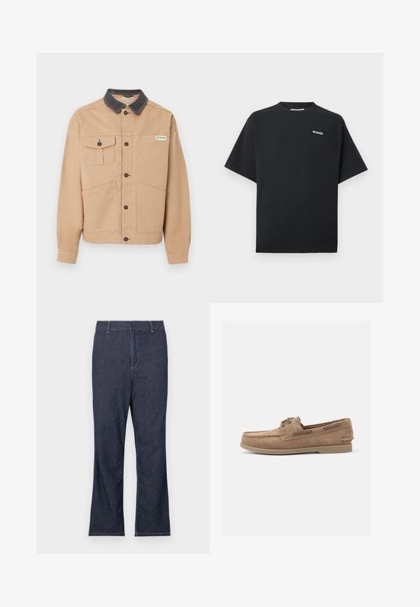 Veste beige avec col noir, fermeture à boutons, deux grandes poches basses, une poche poitrine à bouton, et le logo Columbia sur la poitrine.; T-shirt noir à manches courtes avec petit logo blanc Columbia sur le haut gauche de la poitrine, col rond et coupe décontractée.; Jean en denim bleu foncé avec une coupe droite, doté d'une fermeture par bouton et de surpiqûres blanches contrastantes sur les poches et les coutures.; Mocassins en daim de couleur beige avec un design de mocassin, dotés d'œillets en métal et d'une semelle en caoutchouc. Aucune motif ou accent visible.