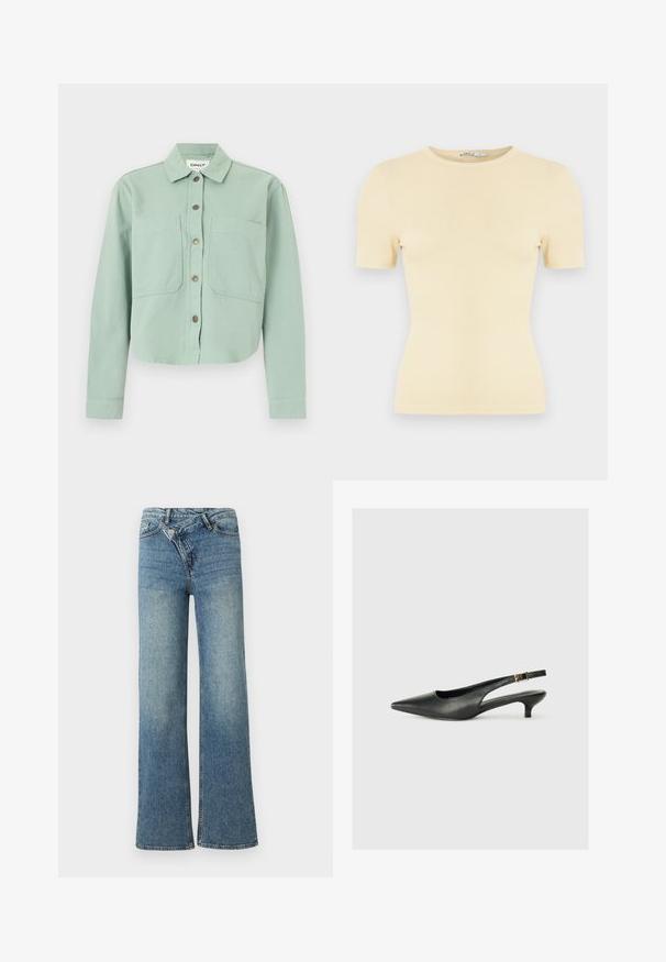 Chemise verte courte avec un col à revers, deux poches avant et une fermeture à boutons. Confectionnée dans un tissu texturé avec une finition douce.; T-shirt jaune pâle côtelé à manches courtes avec un col rond et une coupe ajustée, présentant une texture douce et un design minimaliste.; Jean en denim bleu clair à jambes larges avec une taille haute, un délavage clair et une fermeture à bouton à l'avant. Comprend cinq poches et des coutures minimales.; Chaussure slingback noire à bout pointu en cuir lisse. Présente un talon fin et un détail de boucle sur la sangle réglable.