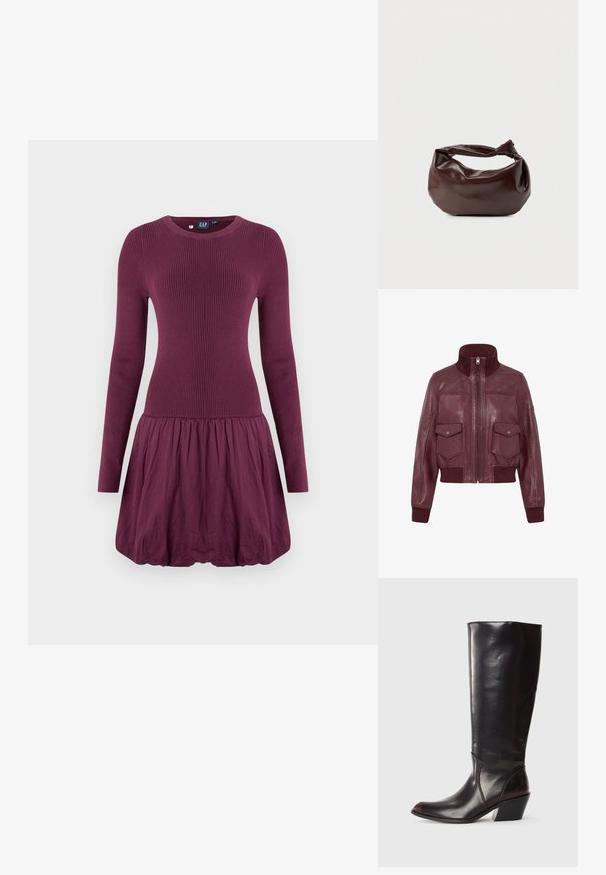 Veste en cuir bordeaux avec col montant, poignets et ourlet côtelés, fermeture éclair à l'avant, et deux poches à rabat frontales avec boutons-pressions.; Robe violette avec un corsage côtelé, des manches longues et une jupe froncée. Le tissu semble lisse avec une texture légère.; Botte en cuir brun foncé, à hauteur de genou, avec un bout pointu, un talon bloc angulaire et une texture lisse et brillante. Présente un design épuré et des détails de couture.; Sac bandoulière en cuir marron foncé avec une forme souple et décontractée et une anse nouée torsadée sur un fond blanc uni.