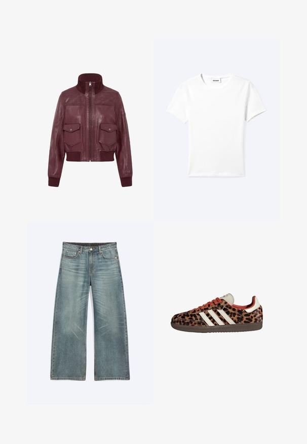 Veste en cuir bordeaux avec col montant, poignets et ourlet côtelés, fermeture éclair à l'avant, et deux poches à rabat frontales avec boutons-pressions.; T-shirt blanc uni à manches courtes et col rond avec une petite étiquette "WEEKDAY" à l'intérieur de l'encolure, présenté à plat sur un fond clair.; Jean bleu à jambes larges avec poches avant, passants de ceinture, fermeture par boutons et détails subtils d’usure sur les cuisses et les genoux.; Baskets en imprimé léopard avec un matériau en suède, lacets rouges et trois rayures blanches sur le côté. Présente une languette de couleur crème et une semelle marron.