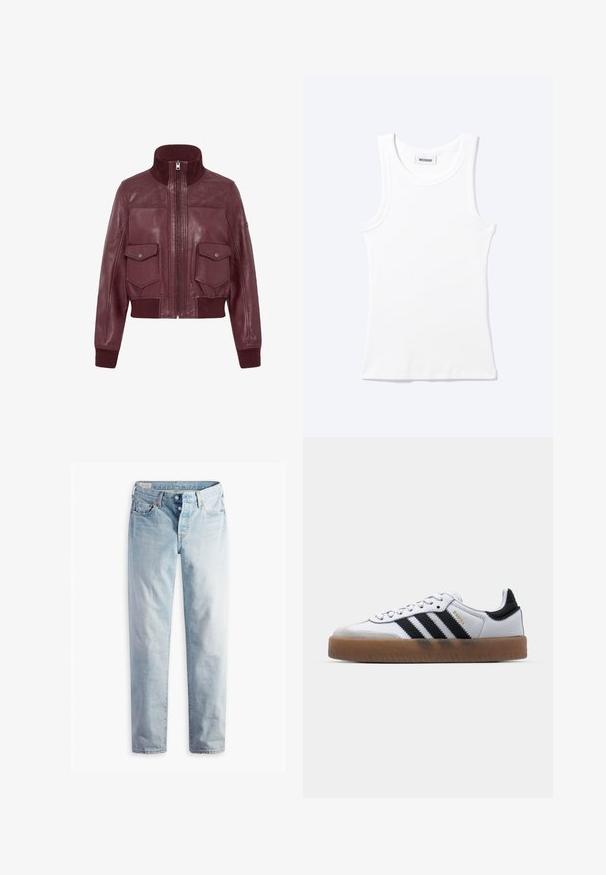 Veste en cuir bordeaux avec col montant, poignets et ourlet côtelés, fermeture éclair à l'avant, et deux poches à rabat frontales avec boutons-pressions.; Débardeur blanc côtelé sans manches avec encolure ronde et une petite étiquette indiquant "WEEKDAY" à l'intérieur du col.; Jean en denim bleu clair avec une coupe droite, cinq poches et des fermetures à boutons métalliques sur une ceinture standard.; Baskets en cuir blanc avec des rayures noires, semelle extérieure en caoutchouc beige, bout rond, fermeture lacée et embout en suède gris doux.
