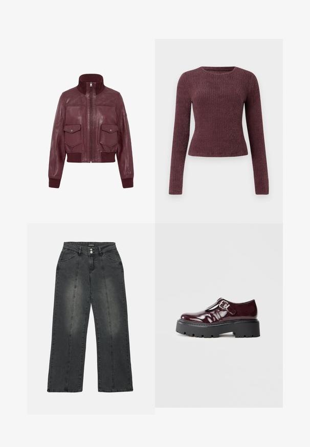 Veste en cuir bordeaux avec col montant, poignets et ourlet côtelés, fermeture éclair à l'avant, et deux poches à rabat frontales avec boutons-pressions.; Haut à manches longues en rib avec une couleur bordeaux profonde. Présente un col rond et une silhouette ajustée. Fabriqué en tissu doux et texturé.; Jeans à jambes larges en denim gris foncé. Comprend une fermeture à bouton, deux poches avant et des coutures verticales pour le détail. Zones abîmées présentes.; Chaussure Mary Jane en cuir verni bordeaux avec boucle argentée et semelle crantée noire épaisse, vue de côté sur fond blanc.