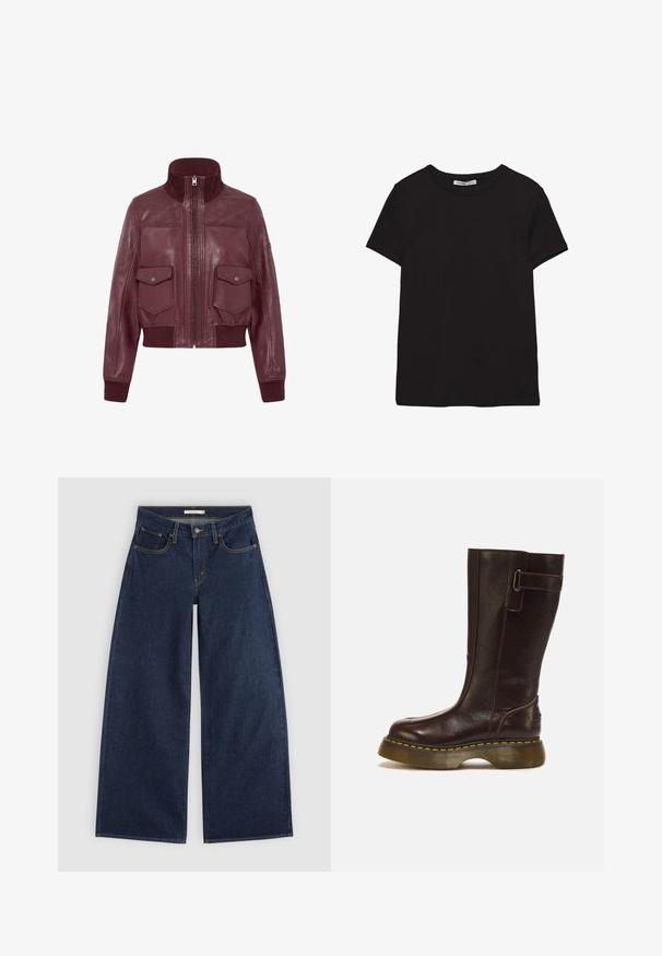 Veste en cuir bordeaux avec col montant, poignets et ourlet côtelés, fermeture éclair à l'avant, et deux poches à rabat frontales avec boutons-pressions.; T-shirt noir en coton à manches courtes avec encolure ronde, coupe standard et étiquette intérieure visible au niveau du col.; Jean denim bleu foncé à jambes larges, avec poches avant, passants de ceinture et fermeture par bouton, présenté à plat sur un fond clair.; Botte en cuir brun foncé haute avec une semelle épaisse surpiquée en jaune et une sangle avec boucle métallique près du haut.