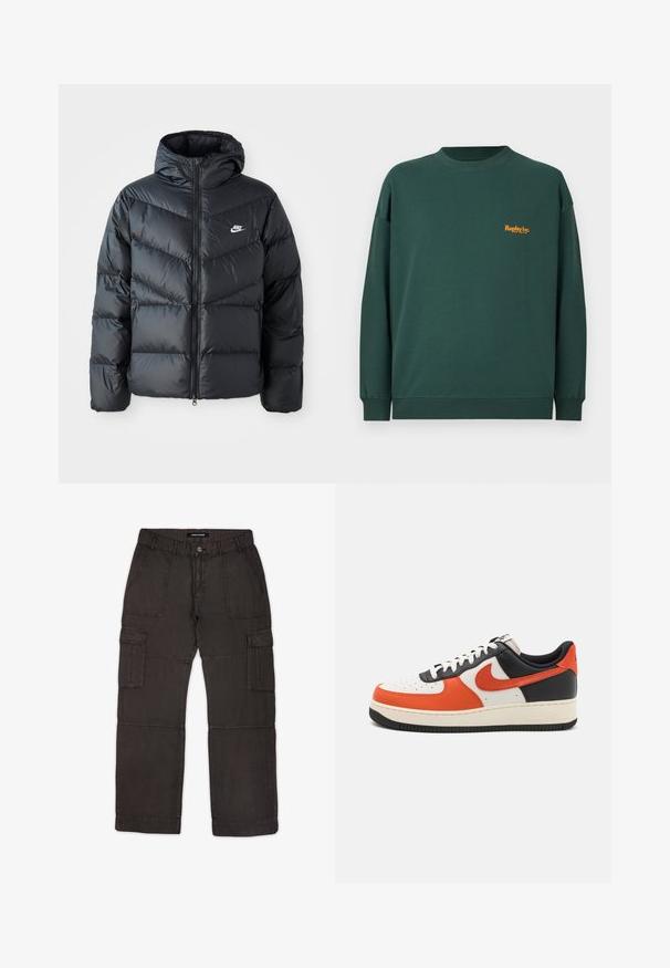 Zwarte pufferjack met capuchon, voorzien van een ritssluiting aan de voorkant, een chevron-quilt ontwerp, zijzakken en het Nike-logo op de borst.; Donkergroene sweatshirt gemaakt van een katoenmix, met een geribbelde halslijn en manchetten, en een oranje "Replay Inc." logo op de borst.; Cargobroek van donkergrijze stof met meerdere zakken, een sluiting met een knoop aan de voorkant en gestikte details langs de naden. Voorflat en ontspannen pasvorm.; Sneakers in wit, zwart en oranje leer. Voorzien van een geperforeerde neus, zwarte veters en een gestructureerde rubberen zool met 'AIR' branding.