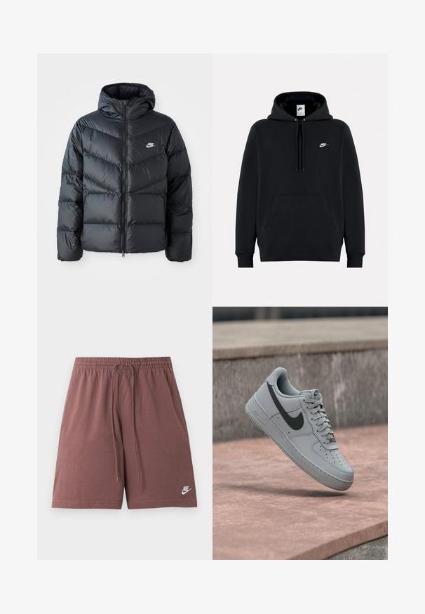 Sort dunjakke med hætte, der har lynlås foran, chevron quiltet design, sidelommer og Nike-logo på brystet.; Sort Nike-hættetrøje med frontlomme, snøre i hætten og lille hvid Nike-logo på venstre bryst.; Brune Nike-shorts med elastisk talje og snor, med lille hvid Nike-logo på venstre ben nederst.; Grå Nike Air Force 1 sneaker med sort swoosh-logo, hvid sål og snørebånd, vist i luften over en betonoverflade.