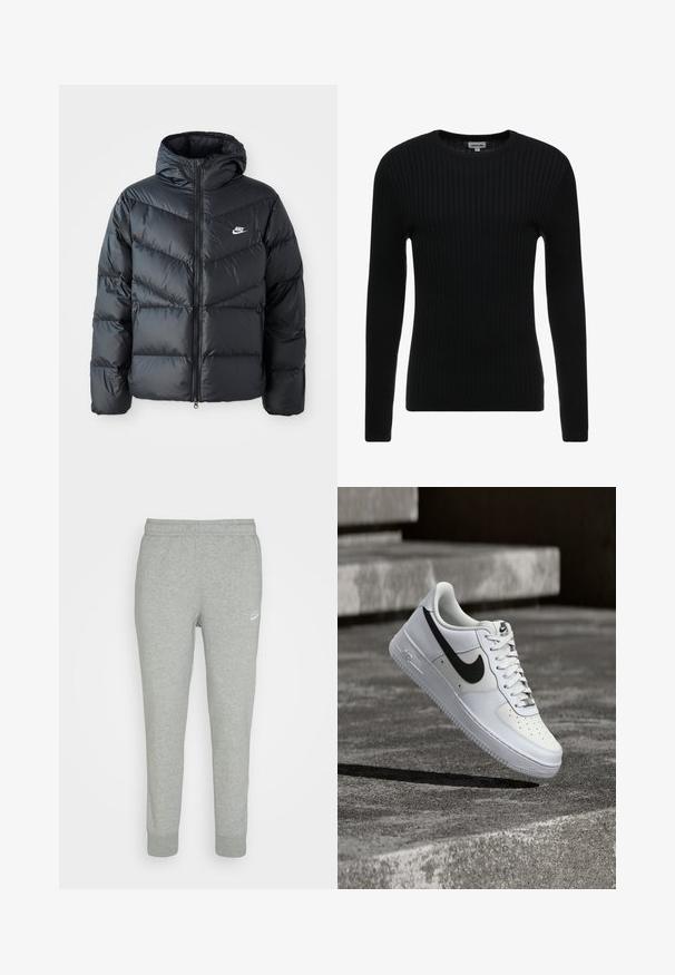 Čierna prešívaná bunda s kapucňou, disponujúca zipsovým uzáverom, dizajnom v tvare chevronu, bočnými vreckami a logom Nike na hrudi.; Čierny rebrovaný sveter s dlhým rukávom a okrúhlym výstrihom; textúrovaná látka s vertikálnymi prúžkami; priliehavý strih; bez viditeľných ozdôb alebo akcentov.; Šedé tepláky z jemnej látky s úzkym strihom, elastickým pásom a malým bielym logom Nike na ľavom stehne.; Biela teniska Nike Air Force 1 s čiernym logom swoosh, zaviazanými šnúrkami, umiestnená vo vzduchu nad textúrovaným betónovým povrchom vonku.