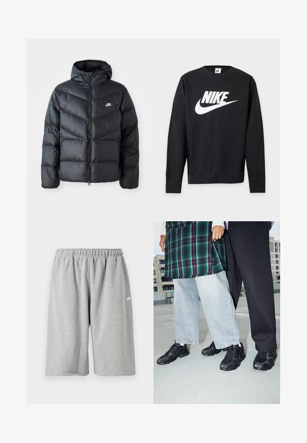 Zwarte pufferjack met capuchon, voorzien van een ritssluiting aan de voorkant, een chevron-quilt ontwerp, zijzakken en het Nike-logo op de borst.; Zwarte Nike-trui met lange mouwen, wit Nike-logo en swoosh op de borst, ronde halslijn, en geribde manchetten en zoom.; Grijze katoenen shorts met een elastische tailleband, voorzien van een losse pasvorm en een klein wit logo vlakbij de zoom. Gladde textuur, boven-knielengte.; Zwarte sportieve schoenen met mesh- en rubberaccenten. Draagt een lichtgrijze wijde spijkerbroek en een groen geruit shirt. Effen achtergrond.