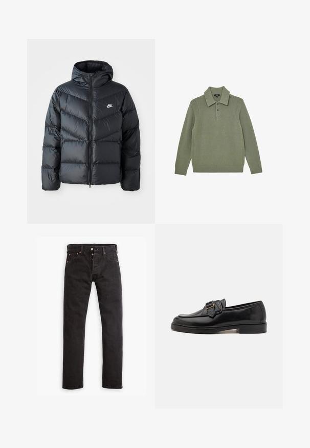 Mustapuffa takki hupulla, jossa on vetoketju edessä, viisto ompelu, sivutaskut ja Nike-logo rinnassa.; Vihreä neulepusero, jossa on polo-kaulus, neljä nappia, ribbikaulus ja teksturoidut hartiatekstuuri. Pehmeä, keskipainoinen kangas.; Mustat slim-fit farkut, joissa nappikiinnitys, viisi taskua ja kupariset niitit, asetettuna litteäksi valkoista taustaa vasten.; Mustat nahka loaferit, joissa on pyöristetty kärki ja koristeellinen solki. Tasainen, yhtenäinen korko ja sileä pinta kauttaaltaan.