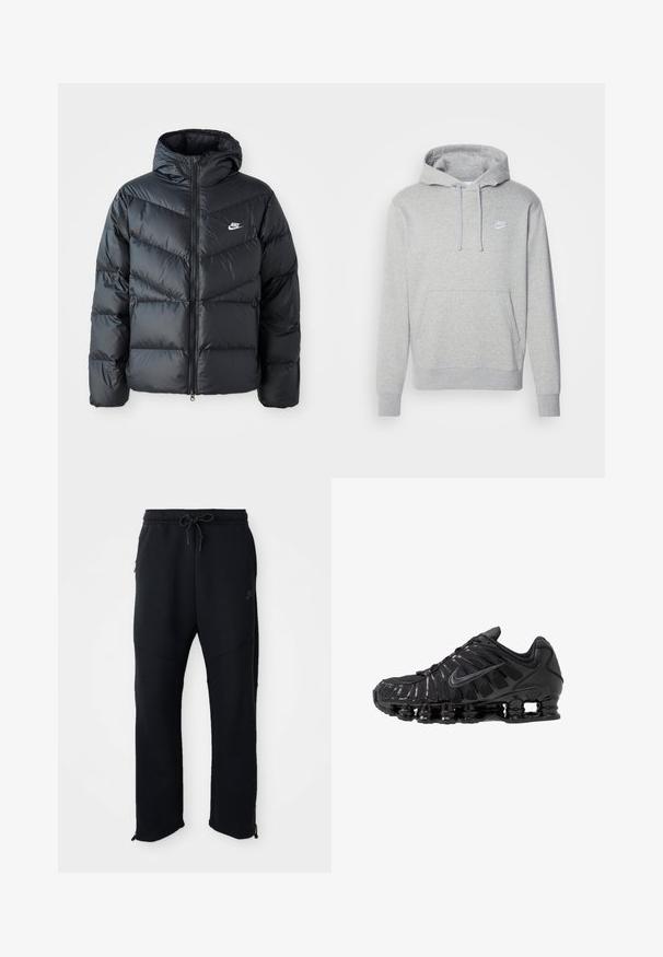 Zwarte pufferjack met capuchon, voorzien van een ritssluiting aan de voorkant, een chevron-quilt ontwerp, zijzakken en het Nike-logo op de borst.; Grijze fleece hoodie met een voorzak, een capuchon met koordjes en een wit logo op de borst. Heeft ribgebreide boorden en een onderkant.; Zwarte sportbroek met elastische tailleband en trekkoord, met zijzakken, taps toelopende pijpen en ritsen bij de enkels. Glad textuur.; Zwarte sportschoenen gemaakt van mesh en synthetische materialen, met een opvallend golvend ontwerp, zwarte rubberen zool en reflecterende accenten.