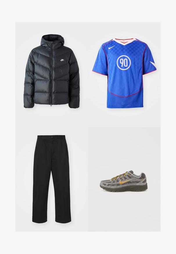 Sort dunjakke med hætte, der har lynlås foran, chevron quiltet design, sidelommer og Nike-logo på brystet.; Blå Nike fodboldtrøje med ternet mønster, korte ærmer, v-hals design, hvide accenter og et centralt cirkulært "90" grafik.; Sorte bomuldsbukser med lige pasform, der har en knaplukning, to frontlommer og en glat tekstur.; Grå ruskindssneaker med gyldne accenter, teksturerede paneler og matchende snørebånd. Har en polstret sål og logodetalje på siden.