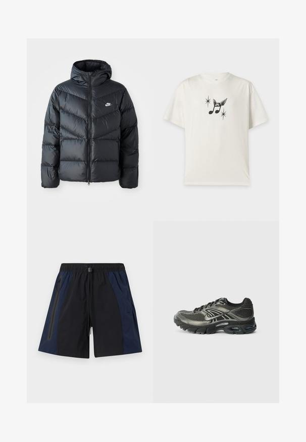 Mustapuffa takki hupulla, jossa on vetoketju edessä, viisto ompelu, sivutaskut ja Nike-logo rinnassa.; Valkoinen lyhythihainen t-paita, jossa musta kuvitus musiikillisista nuoteista siivillä ja Nike SB -logo, sivuilla kaksi tähtiä muistuttavaa muotoa.; Miesten mustat ja tummansiniset urheilushortsit, joissa on joustava vyötärönauha, kiristysnauha ja vasemmalla puolella vetoketjullinen sivutasku.; Musta ja harmaa Nike-juoksukenkä, jossa on verkkopinta, pehmeä pohja, näkyvä ilmateknologia ja nauhat yksinkertaisella valkoisella taustalla.