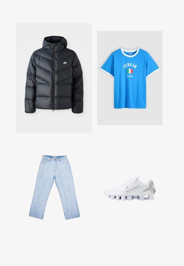 Zwarte pufferjack met capuchon, voorzien van een ritssluiting aan de voorkant, een chevron-quilt ontwerp, zijzakken en het Nike-logo op de borst.; Blauw T-shirt met korte mouwen, witte kraag en manchetten, "ITALIA" tekst boven een Italiaanse vlag en "Levi Strauss of California" logo eronder.; Lichtblauwe high-waist jeans met rechte pijpen, voorzakken, riemlussen, knoopsluiting en een gebrand binnenlabel aan de tailleband.; Witte sportschoenen met een gestructureerd bovenwerk, een zilveren swoosh-logo, meshpanelen en een opvallende gesegmenteerde witte zool.