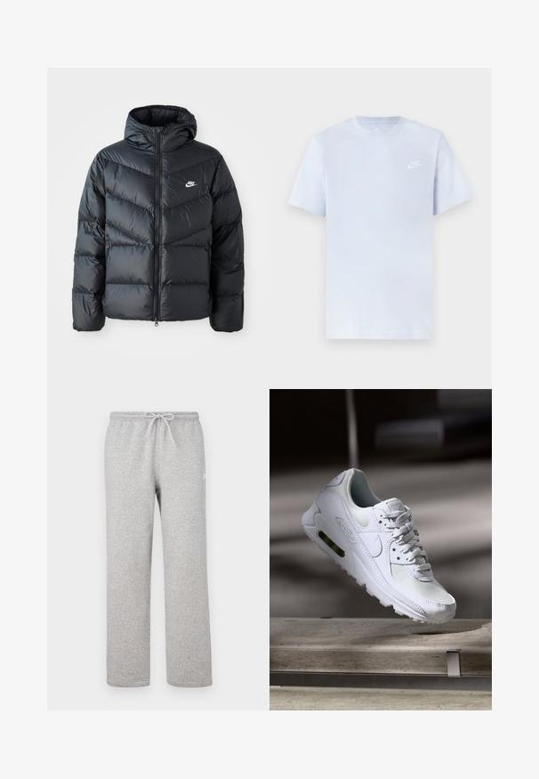 Chaqueta acolchada negra con capucha, con cierre de cremallera al frente, diseño de acolchado en forma de chevron, bolsillos laterales y logo de Nike en el pecho.; Camiseta de algodón de color azul claro con mangas cortas, cuello redondo y un logo blanco de Nike impreso en el pecho izquierdo. Textura suave, diseño sencillo.; Pantalones deportivos grises con cintura elástica y cordón ajustable. Fabricados con tela suave, cuentan con piernas rectas y un sutil detalle de logotipo.; Zapatilla Nike Air Max 90 blanca con parte superior de malla y cuero, caja de puntera perforada y unidad de aire visible en el talón.