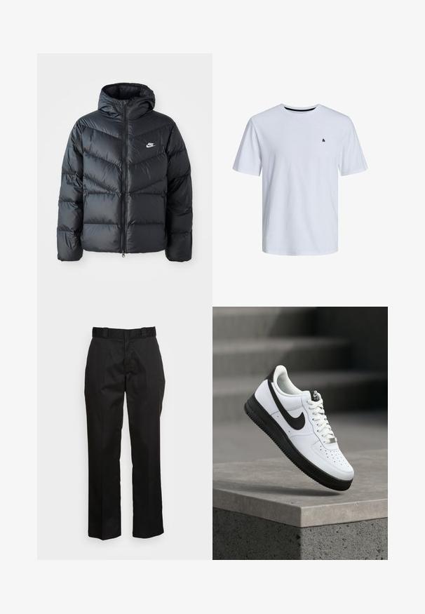 Sort dunjakke med hætte, der har lynlås foran, chevron quiltet design, sidelommer og Nike-logo på brystet.; Hvid bomulds T-shirt med korte ærmer, rund halsudskæring og et lille sort accentlogo på venstre brystområde.; Sorte bukser lavet af et glat stof med lige ben, bæltestropper og to sidelommer. Klassisk look uden udsmykninger.; Hvid lædersneaker med sorte detaljer, rundet tå og perforerede detaljer. Sort gummisål med tekstureret mønster og snørelukning.