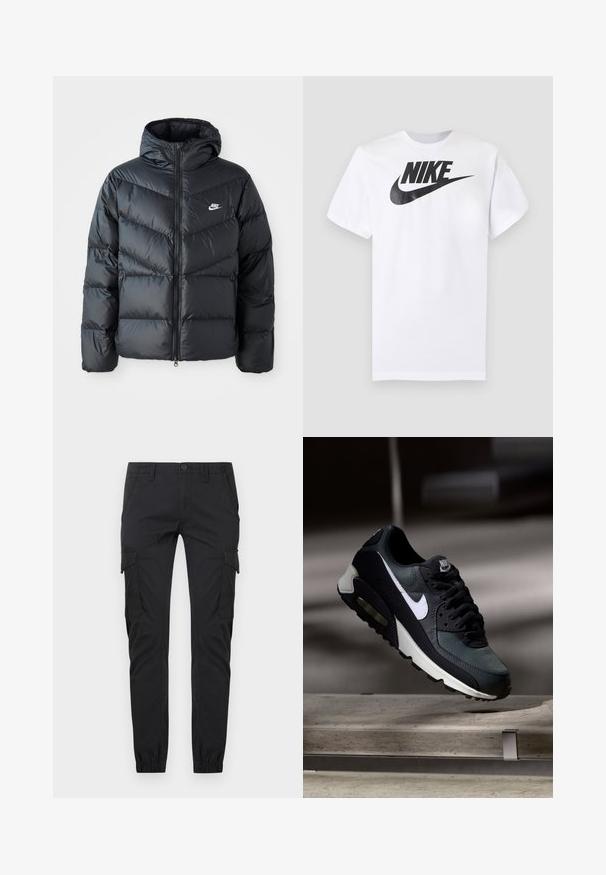 Schwarze Pufferjacke mit Kapuze, mit Reißverschluss vorne, Chevron-Steppdesign, Seiten Taschen und Nike-Logo auf der Brust.; Weißes kurzärmeliges T-Shirt mit schwarzem Nike-Logo und Swoosh, zentriert auf der Brust, vor einfarbigem grauem Hintergrund.; Schwarze Slim-Fit-Cargohosen mit Vordertaschen, seitlichen Klappentaschen, Gürtelschlaufen, Knopfverschluss und elastischen Bündchen an den Knöcheln.; Schwarzer und grauer Nike Air Max Sneaker mit weißem Swoosh, schwebend über einer Betonfläche vor einem verschwommenen dunklen Hintergrund.