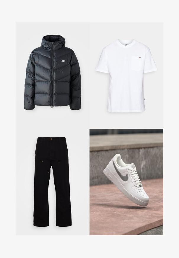 Čierna prešívaná bunda s kapucňou, disponujúca zipsovým uzáverom, dizajnom v tvare chevronu, bočnými vreckami a logom Nike na hrudi.; Biely bavlnený tričko s okrúhlym výstrihom, krátkymi rukávmi a vreckom na hrudi s malým logom značky na ľavej strane.; Čierne džínsy s rovnými nohavicami, s prvkami zlatého kovania a viditeľným prešívaním na predných a zadných vreckách.; Biela teniska Nike Air Force 1 so sivým logom swoosh, ktorá visí nad kamenným povrchom a sivou kamennou stenou v pozadí.