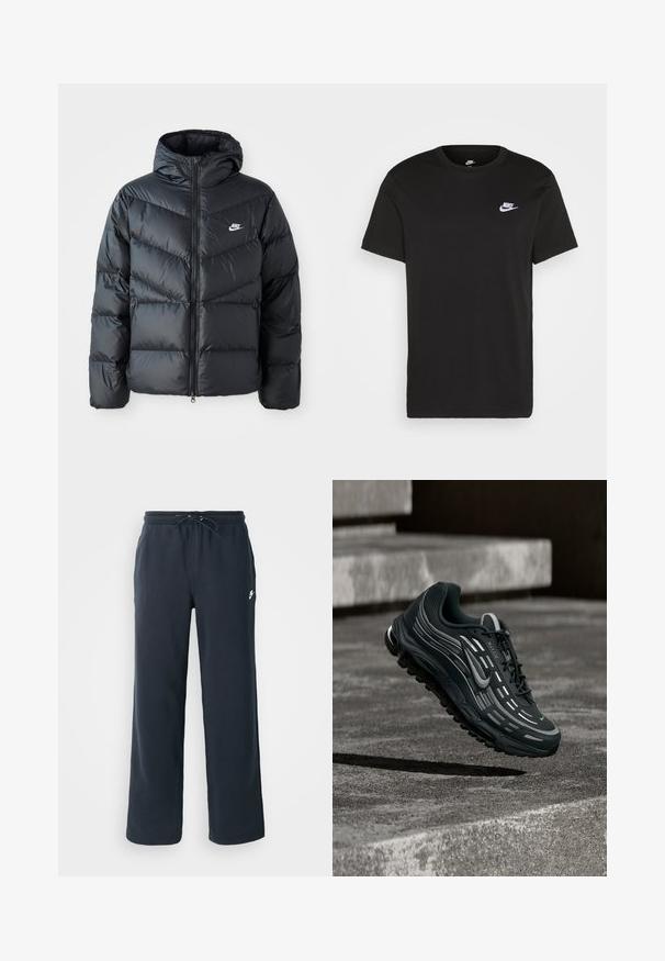 Čierna prešívaná bunda s kapucňou, disponujúca zipsovým uzáverom, dizajnom v tvare chevronu, bočnými vreckami a logom Nike na hrudi.; Čierne bavlnené tričko s krátkymi rukávmi, okrúhlym výstrihom a malým bielym logom Nike na hornej ľavej strane hrudníka. Hladká textura. Klasický strih.; Tmavomodré tepláky s elastickým pásom a šnúrkou. Vyrobené z mäkkej látky, s malým bielym logom na ľavom boku.; Čierno-sivá teniska Nike Air Max vznášajúca sa nad sivými betónovými schodmi s textúrovaným pozadím zeme.
