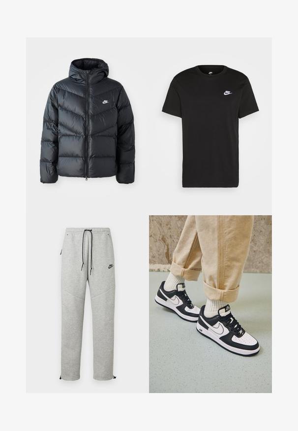 Čierna prešívaná bunda s kapucňou, disponujúca zipsovým uzáverom, dizajnom v tvare chevronu, bočnými vreckami a logom Nike na hrudi.; Čierne bavlnené tričko s krátkymi rukávmi, okrúhlym výstrihom a malým bielym logom Nike na hornej ľavej strane hrudníka. Hladká textura. Klasický strih.; Šedé Nike tepláky so sťahovacím pásom, bočnými vreckami a elastickými manžetami. Majú hladkú textúru a kontrastný čierny logotyp.; Čierno-biele tenisky Nike Air Force 1 s koženým zvrškom, perforovanou špičkou a textúrovanou podrážkou, kombinované s ohrnutými béžovými nohavicami a bielymi ponožkami.