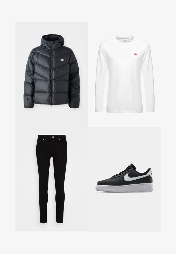 Sort dunjakke med hætte, der har lynlås foran, chevron quiltet design, sidelommer og Nike-logo på brystet.; Hvid langærmet t-shirt lavet af bomuld, med en rund halsudskæring og et lille rødt Levi's logo på brystet. Enkel, klassisk design.; Sorte skinny jeans med en glat tekstur, fem lommer, frontlukning med knap og en slank silhuet. Minimalistisk stil uden synlige mønstre.; Sort lædersneaker med tekstureret overflade, hvid Nike swoosh, grå sål, rund tå og snørebåndsdesign. Har perforeringer på tåboksen.