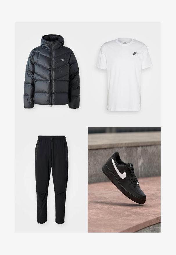 Schwarze Pufferjacke mit Kapuze, mit Reißverschluss vorne, Chevron-Steppdesign, Seiten Taschen und Nike-Logo auf der Brust.; Weißes Baumwoll-T-Shirt mit Rundhalsausschnitt, kurzen Ärmeln und einem schwarzen Nike-Logo auf der linken Brust. Einfaches, einfarbiges Design.; Schwarze, leichte outdoor Hosen mit elastischem Bund und verstellbarem Zugschnur. Ausgestattet mit Reißverschlusstaschen und tapered Bündchen.; Schwarzer Nike Air Force 1 Sneaker mit weißem Swoosh-Logo, der über einer Steinformation schwebt, vor einem grauen strukturierten Hintergrund.