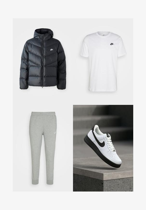 Must must vilakapp, millel on kapuuts, esiosal on lukuga kinnitamine, chevroni õmblusmustri disain, küljetaskud ja Nike logo rinnal.; Valge puuvillane T-särk, millel on ringkaelus, lühikesed varrukad ja must Nike logo vasakul rinnal. Lihtne, ühtlane värvi disain.; Hallid hallid dressipüksid, mis on valmistatud pehmest kangast, kitseneva sääre disainiga, elastse vöökoha ja väikese valge Nike logo abil vasakul reitel.; Valged nahast tennised mustade detailidega, ümara ninaga ja perforatsioonidega. Musta kummist tald tekstuuriga mustriga ja paelaga kinnitusega.