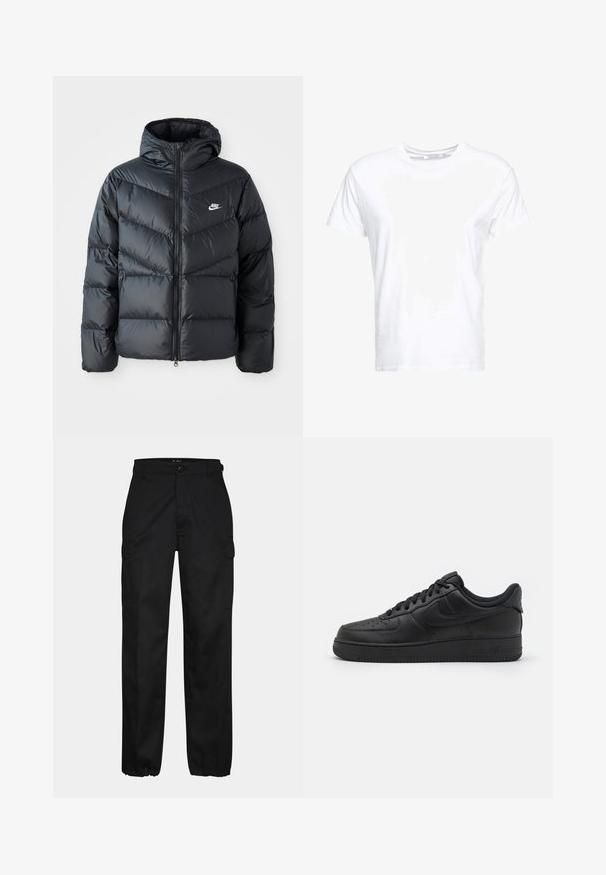 Čierna prešívaná bunda s kapucňou, disponujúca zipsovým uzáverom, dizajnom v tvare chevronu, bočnými vreckami a logom Nike na hrudi.; Biela bavlnená tričko má okrúhly výstrih a krátke rukávy, s klasickým strihom a hladkou textúrou. Žiadne vzory alebo hardvér nie sú viditeľné.; Čierne cargo nohavice so strihom rovného strihu, s bočnými vreckami, zapínaním na gombík a elastickými manžetami na členkoch. Vyrobené z odolnej tkaniny.; Nike Sportswear AIR FORCE 1 07 FLYEASE - Tenisky - black