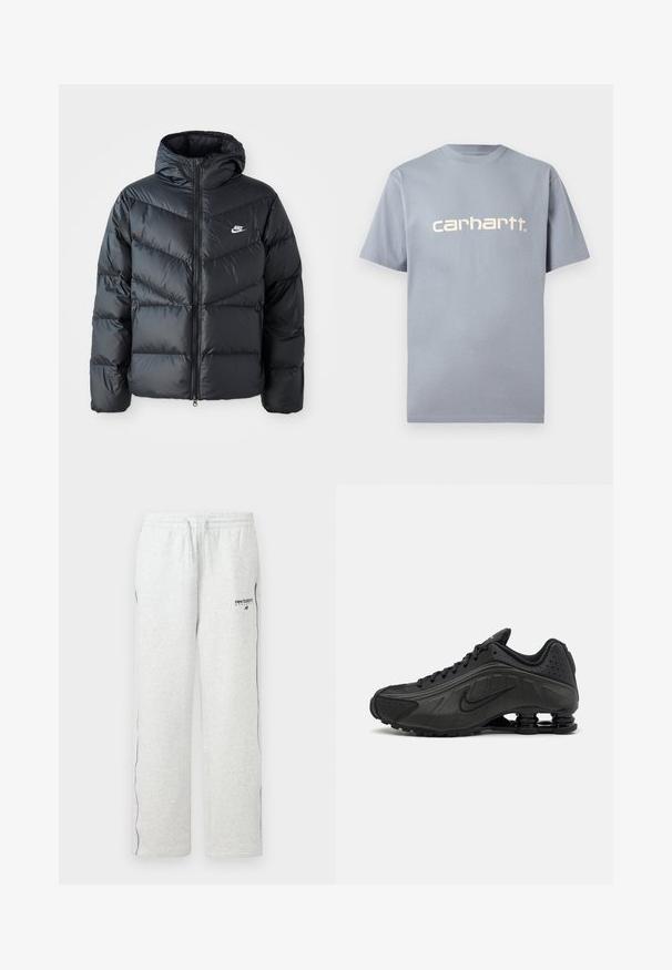 Mustapuffa takki hupulla, jossa on vetoketju edessä, viisto ompelu, sivutaskut ja Nike-logo rinnassa.; Vaaleansininen lyhythihainen puuvillainen t-paita, jossa rinnassa kontrastivärillä "carhartt."-logo. Yksinkertainen muotoilu.; Vaaleanharmaat New Balancen urheiluhousut, joissa on joustava vyötärönauha ja tummat reunapipot jalkojen ulkosivuilla.; Mustat juoksukengät, joissa on sileä synteettinen päällinen, rei'itetyt yksityiskohdat, teksturoidut sivupaneelit ja erottuva joustava pohja.