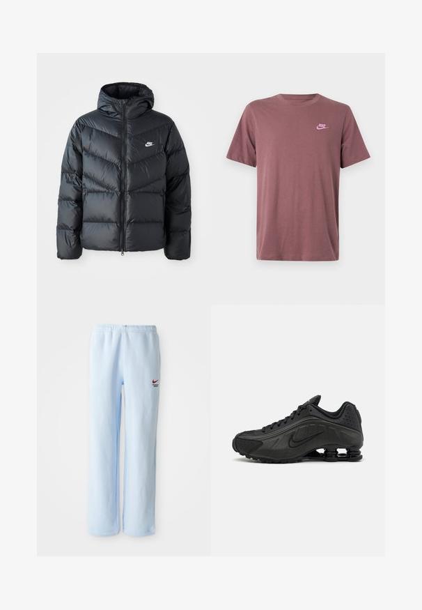Must must vilakapp, millel on kapuuts, esiosal on lukuga kinnitamine, chevroni õmblusmustri disain, küljetaskud ja Nike logo rinnal.; Tumesinine puuvillane T-särk lühikeste varrukatega, ümmarguse kaelusega ja roosa Nike logoga vasakul rinnal. Sile tekstuur, standardist kitsam lõige.; Heledad sinised dressipüksid elastse vaherindega, millel on väike punane Nike logo ja "Athletic Department" tekst. Pehme puuvillane materjal.; Mustad mustat jooksujalad, millel on sile sünteetiline ülemus, perforatsioonid, tekstureeritud külgpaneelid ja eristuv elastne tall.