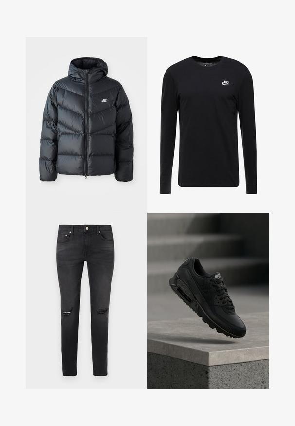 Chaqueta acolchada negra con capucha, con cierre de cremallera al frente, diseño de acolchado en forma de chevron, bolsillos laterales y logo de Nike en el pecho.; Camiseta negra de manga larga de algodón, con cuello redondo, puños acanalados y un pequeño logo blanco de Nike en el pecho.; Vaqueros negros de corte ajustado con roturas desgastadas en las rodillas, estilo de cinco bolsillos y cierre de botón en la cinturilla frontal.; Zapatilla Nike Air Max 90 negra que combina materiales de cuero y malla, con cordones redondos y una unidad de aire visible en la suela.