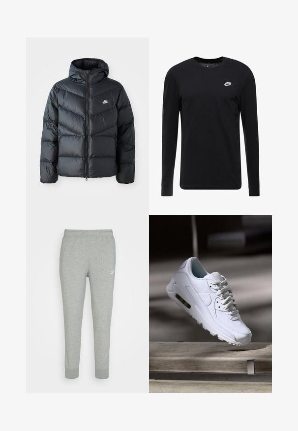 Čierna prešívaná bunda s kapucňou, disponujúca zipsovým uzáverom, dizajnom v tvare chevronu, bočnými vreckami a logom Nike na hrudi.; Čierne tričko s dlhým rukávom vyrobené z bavlny, s okrúhlym výstrihom, rebrovanými manžetami a malým bielym logom Nike na hrudi.; Šedé tepláky z jemnej látky s úzkym strihom, elastickým pásom a malým bielym logom Nike na ľavom stehne.; Biele kožené tenisky s textúrovanými povrchmi, polstrovaným golierom a viditeľným vzduchovým odpružením v podrážke. Majú šnúrky a minimalistický dizajn.