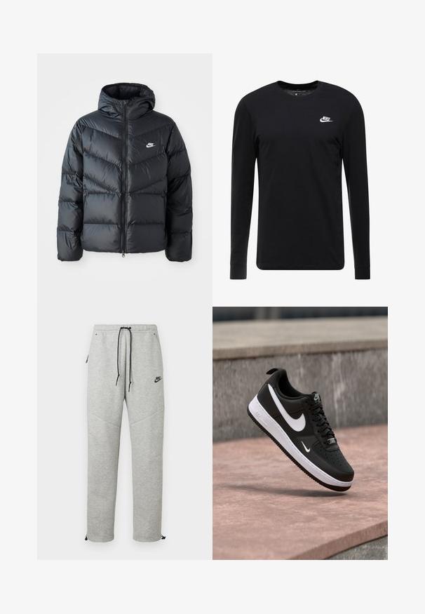 Schwarze Pufferjacke mit Kapuze, mit Reißverschluss vorne, Chevron-Steppdesign, Seiten Taschen und Nike-Logo auf der Brust.; Schwarzes Langarm-T-Shirt aus Baumwolle, mit Rundhalsausschnitt, gerippten Bündchen und kleinem weißen Nike-Logo auf der Brust.; Graue Nike Sweatpants mit einem Kordelzugbund, Seitentaschen und elastischen Bündchen. Sie haben eine glatte Textur und ein kontrastierendes schwarzes Logodetail.; Schwarz-weißer Nike Air Force 1 Sneaker, der über einer rosa Betonfläche mit grauem Stein-Hintergrund schwebt.