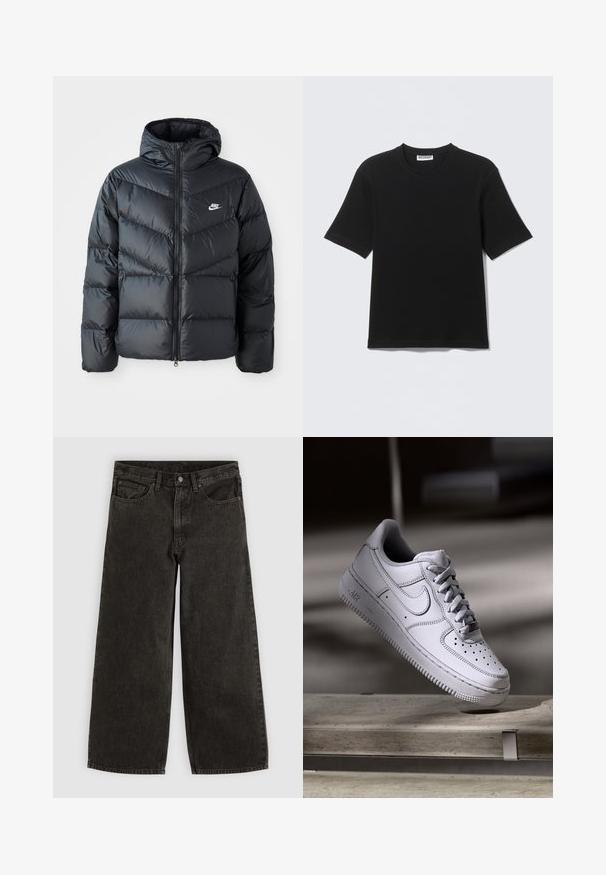 Čierna prešívaná bunda s kapucňou, disponujúca zipsovým uzáverom, dizajnom v tvare chevronu, bočnými vreckami a logom Nike na hrudi.; Čierne tričko s krátkym rukávom a okrúhlym výstrihom, s nálepkou „WEEKDAY“ na vnútornej strane goliera, položené na svetlom pozadí.; Čierne džínsové nohavice s širokými nohavicami, predným gombíkom a zipsom, pútkami na opasok a piatimi vreckami, položené na bielom pozadí.; Biely kožený teniska Nike Air Force 1 má perforovanú špičku, ploché šnúrky a štruktúrovanú gumovú podrážku s nápisom „AIR“ na boku.