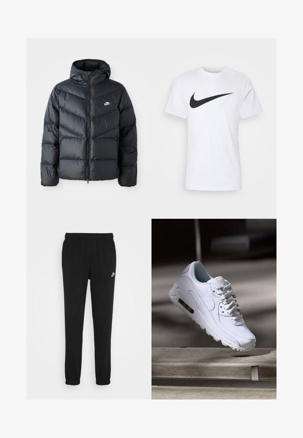 Chaqueta acolchada negra con capucha, con cierre de cremallera al frente, diseño de acolchado en forma de chevron, bolsillos laterales y logo de Nike en el pecho.; Camiseta de algodón blanca con un prominente logo negro de Nike Swoosh en el pecho. Mangas cortas y cuello redondo.; Pantalones de chándal negros con una cintura elástica, tobillos ajustados y un pequeño logo blanco de Nike en el lado izquierdo. Hechos de una tela suave y texturizada.; Zapatilla blanca de piel con superficies texturizadas, cuello acolchado y amortiguación de aire visible en la suela. Presenta cordones y un diseño minimalista.