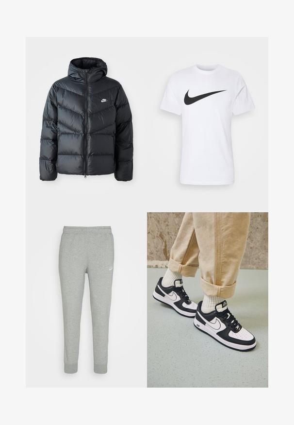 Chaqueta acolchada negra con capucha, con cierre de cremallera al frente, diseño de acolchado en forma de chevron, bolsillos laterales y logo de Nike en el pecho.; Camiseta de algodón blanca con un prominente logo negro de Nike Swoosh en el pecho. Mangas cortas y cuello redondo.; Pantalones de chándal grises hechos de una tela suave, con un diseño de pierna ajustada, cinturilla elástica y pequeño logo blanco de Nike en el muslo izquierdo.; Zapatillas Nike Air Force 1 en blanco y negro con parte superior de cuero, puntera perforada y detalle de suela texturizada, combinadas con pantalones beiges remangados y calcetines blancos.